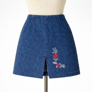Forenza Womens 12 Denim Skirt Floral Embroidered Blue Cotton Vintage 90s Style